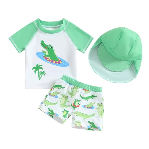 Image of MAYUMMPY Baby Boys Swimsuit UPF 50+ Rash Guard Set Shark Dolphin Print Top+Shorts+Hat Swimwear Bathing Suit (Green, 0-6 Months)