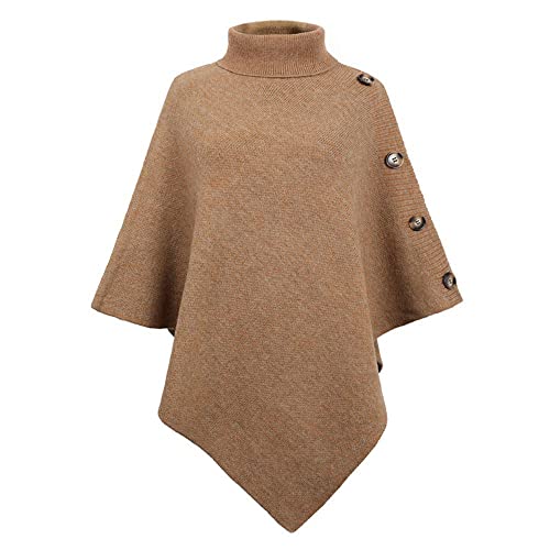JFAN Poncho para Mujer Elegante Capa de Cuello Alto Jersey de Punto con Cuatro Botones Otoño/Invierno Caqui