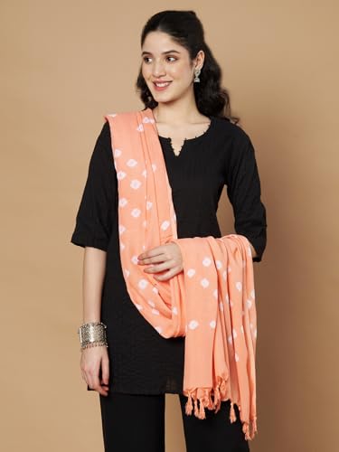 Image of Women's Cotton Rayon Bandhani Print Dupatta with Tassels 2.25 Meters | Women's cotton printed dupatta with tassels.