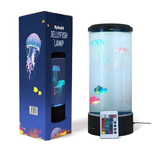 Flybold Jellyfish Light - LED Aquarium Lamp with 20 Color-Changing Effects, 2 Clownfish and Jellyfish, Large 14 Inch Fish Sensory Lamp for Mood and Desk Decor, Bedroom, Remote Control