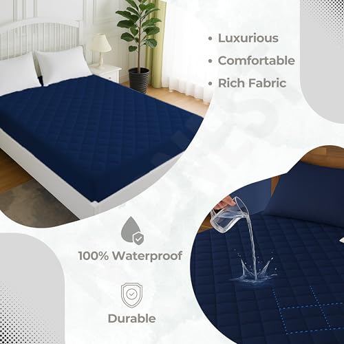 Image of TCD Waterproof Cotton Quilted - Breathable, Hypoallergenic, Noiseless Ultra Soft Fitted Bed Cover with 3 Layers of Protection, 100% Waterproof, No-Slip Design | Navy Blue, Super Queen (60 * 78)
