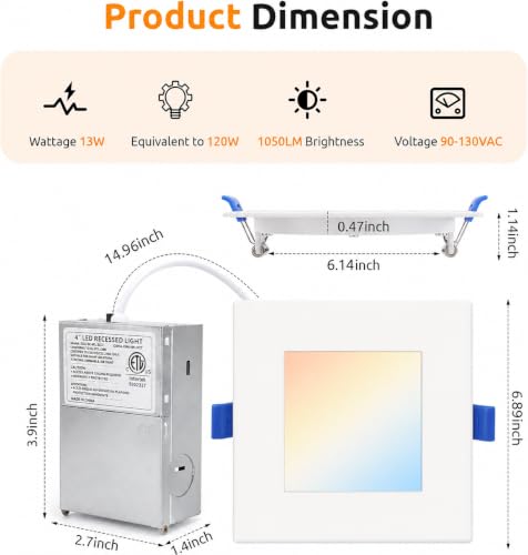 HONZIN 6 Pack 6 Inch Square LED Recessed Lighting, 5CCT, 13W, Dimmable by HONZIN - Used condition - Image 5