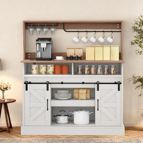 DWVO Farmhouse Buffet Cabinets, 47" Coffee Bar with Goblet Holder & Power Outlet, Sliding Barn Door Sideboard Cabinet for Kitchen & Living Room Storage (White)