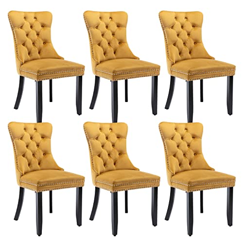 Image of Virabit Velvet Upholstered Chairs Set of 6, Tufted Dining Chairs with Nailhead Back and Ring Pull Trim, Solid Wood for Kitchen /Bedroom /Dining Room (Gold)
