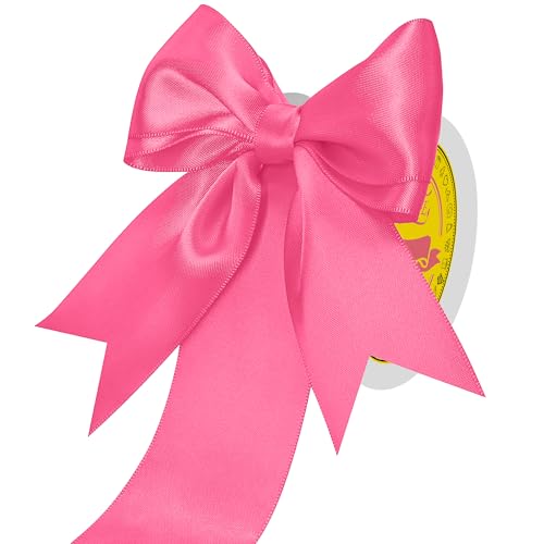 Image of Double Face Hot Pink Satin Ribbon 2 inch X 25 Yards Polyester Hot Pink Ribbon for Gift Wrapping Very Suitable for Weddings Party Hair Bow Invitation Decorations and More