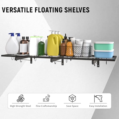 Image of Garage Wall Shelves, 46 inchX12.5 inch Garage Shelving Wall Mounted, Heavy Duty Shelf Storage Rack with 4 Hooks, Black Organizer Floating Metal Shelf 160 LBS Capacity for Office, Basement, Laundry Room