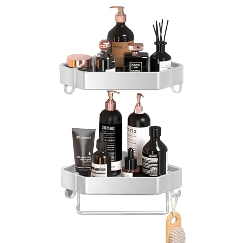 Reelyo 浴室 ラック シャンプーラック バスルーム バスケット 浮かせる収納 水切り 防水と防錆 省スペース 収納ラック フック/タオルバー付き キッチン/風呂場/洗面所に 2個セット (ホワイト)