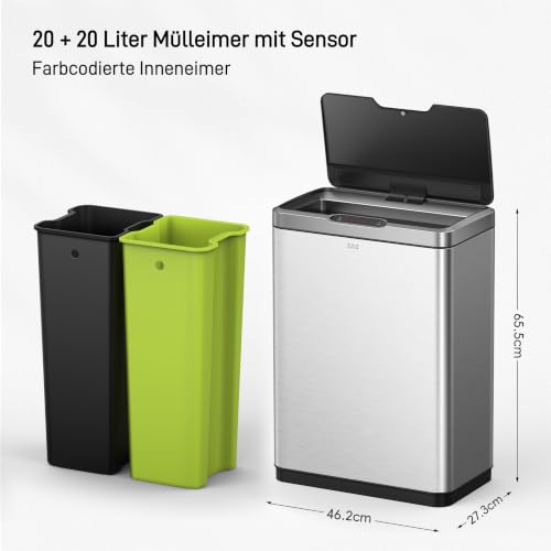 Image of EKO Mirage Rubbish Bin with Sensor, 2 Compartments 2 x 20 L, Automatic Kitchen Rubbish Bin, 2 Plastic Inner Buckets, Soft Closing Lid, Fingerprint-Free, Electric Waste Bin, Matte Stainless Steel