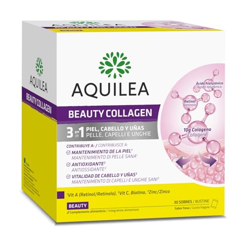 AQUILEA | Beauty Collagen | 30 sobres | Sabor Fresa | 3 en 1 Piel, Pelo y uñas | Colágeno, Retinol, Vitamina C, Biotina, Zinc | Mantenimiento de la piel, antioxidante y vitalidad de cabello y uñas
