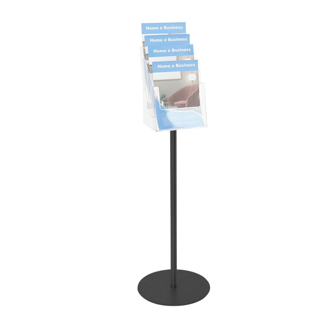 Danieli - Porta Depliant da Terra in Acrilico Trasparente A4 con 4 tasche, per Riviste e Brochure. Porta Volantini Resistente da Utilizzare come Espositore per Ufficio e Negozi. (Alluminio Nero)