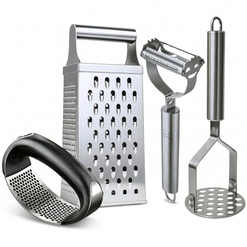 Kit 4 Utensílios para Cozinha Inox - Ralador, Descascador de Legumes, Amassador de Batata e Triturador de Alho - Aço Inoxidável