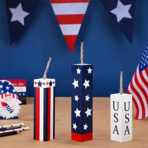 Image of Amyhill 3 Pcs 4th of July Decorations Set Wooden Patriotic Table Centerpieces Independence Day Wood Firework Fourth of July Table Signs for 250th Anniversary Home Farmhouse Decor (Flag)