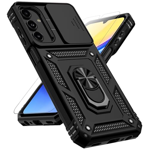 for Samsung Galaxy A15 5G Case with Slide Camera Cover HD Screen Protector [Military Grade 16ft. Drop Tested] Magnetic Ring Holder Kickstand Protective Phone Case for Galaxy A15 5G 2024, Black
