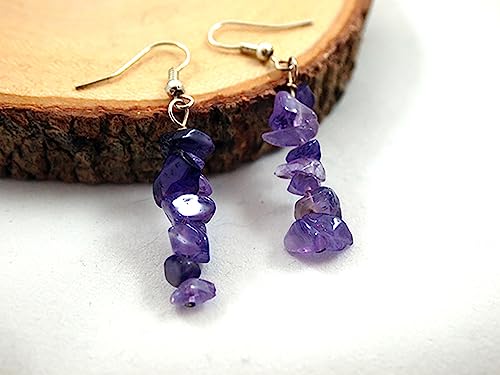 Amethyst Earrings Silver For Women Tumbled Stone Earrings Stacked Small Dangle Raw Crystal Earrings Lightweight Everyday Drop Earrings February & December Birthstone Anniversary Gift #TOP2