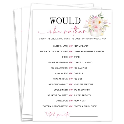 Would She Rather Bridal Shower Games, Tea Party Bridal Shower Games Cards 30 Guests, Pink Floral Wedding Engagement Bachelorette Party Activity & Game Reception Supplies-B08