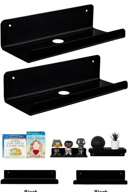 Image of Acrylic Floating Wall Shelves, 15 x 4 x 2.5 in, Clear, Set of 2, Modern Wall Mount Display Shelf (Black, 12 in, 2)