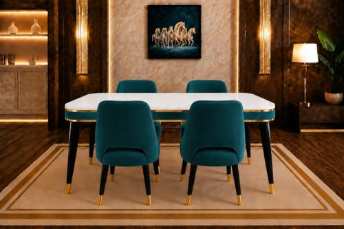 Image of WOODEN SPACE 4 Seater Wooden Dining Table Set | Urban Marble Top Dining Table with Chairs for Dining Room & Kitchen (Modern Vintage Sea Blue) (54 x 36 x 30 inch)