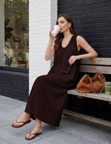 Image of Livtany Women's Scoop Neck Ruched Maxi Dress Flowy Swing Wide Straps Long Dress Casual Sleeveless Sundress with Side Pockets
