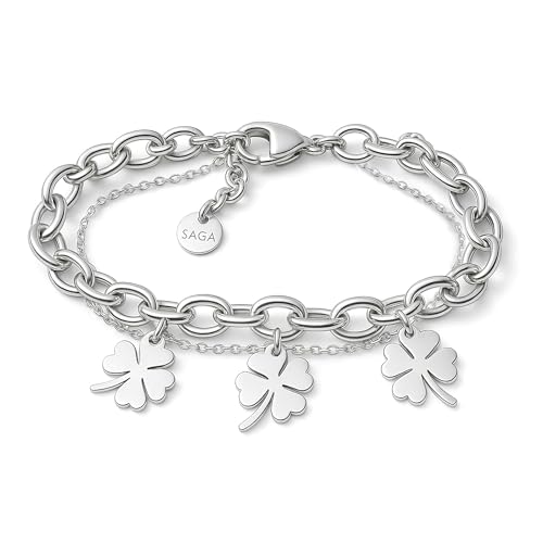 SAGA GIOIELLI® Pulsera de mujer con cadena de acero, trébol de cuatro hojas,...