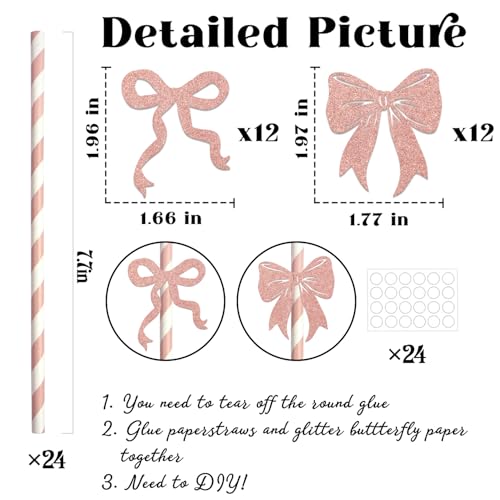 24 pitillos de papel con lazo rosa para fiestas miniatura 2