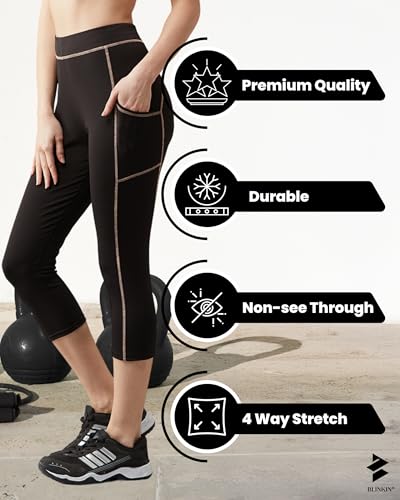 Image of BLINKIN Women's 3 /4 Gym Wear Tights for Women with Side Pockets : Perfect for Active Wear, Yoga & Workout - The Ultimate Gym Pants for Woman & Girls (015)