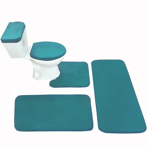 Madeals Long Memory Foam Bathroom Rug Set 5 Piece with Toilet Lid Cover and Tank Cover Set Teal Blue