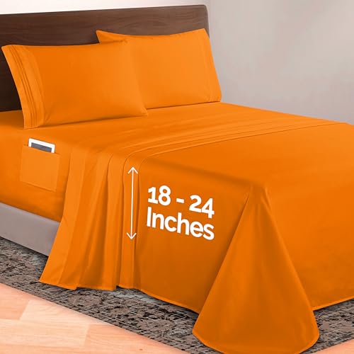 Image of Elegant Comfort Luxurious 1500 Premium Hotel Quality Microfiber 4-Piece Sheet Set, 18-24 Inches Deep - Extra Deep Pocket Sheets - Ultra Soft 4PC Deep Pocket Sheets, Full, Orange