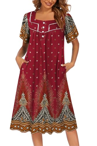 Image of Ekouaer Women's House Dress with Pocket Button Mumus | Short Sleeve Nightgown, Floral Print Mumu Dresses, Square Casual Sleepwear, Boho Roomy Housecoat, Plus Size Soft Sleepwear