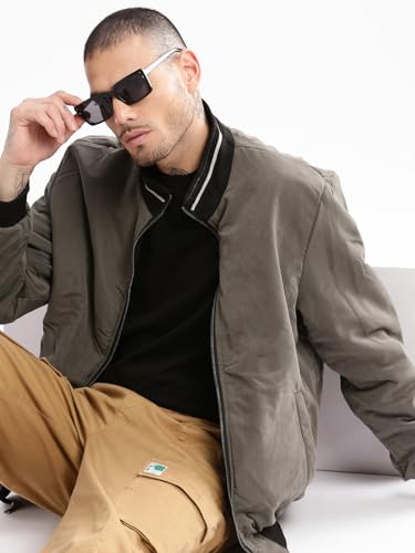 Image of SHOWOFFFF Men Solid Bomber Jacket | Mock Collar Full Sleeves Nylon Jacket for Mens | Oversized Fit Jacket for Men's