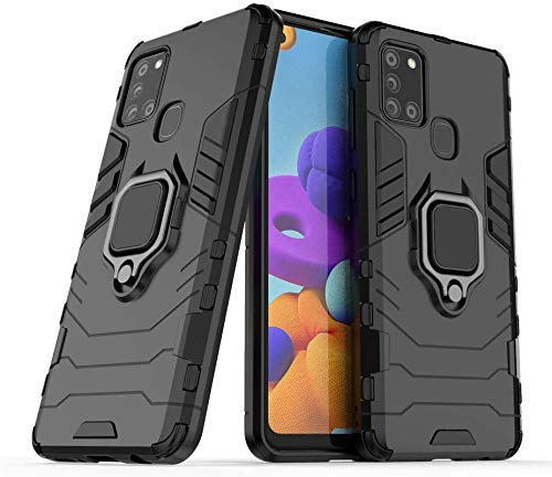 Image of FitSmart Hybrid Armor Shockproof Soft TPU and Hard PC Back Cover with Ring Case for Samsung Galaxy A21s / SM-A217F /DS - Black