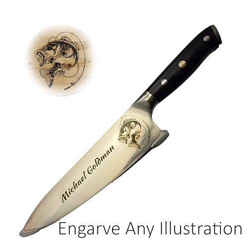 Image of Personalized Photo Chef Knife, 8.5 Inch Engraved German Stainless Kitchen Blade, Custom Image Logo or Monogram, Full Tang, Gift Boxed Corporate Wedding Gift