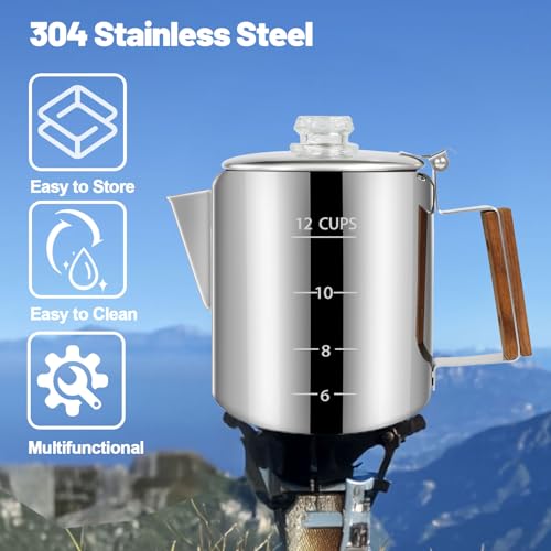 Image of 12 Cup Percolator 304 Stainless Steel Coffee Pot Coffee Maker Coffee Machine with Solid Wood Handle Transparent Knob Stovetop Greca Mocha for Induction Home and Camping 2200ml 74.4oz