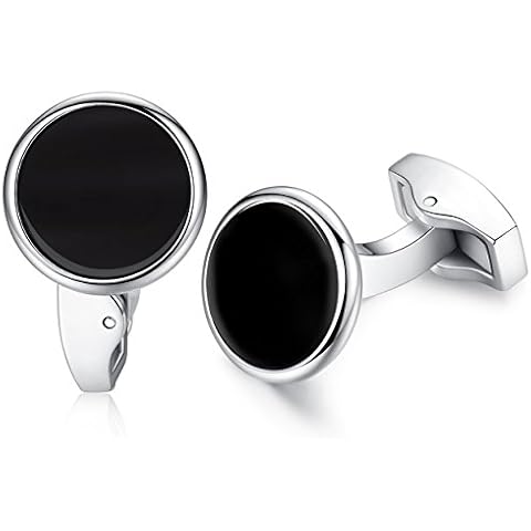 HONEY BEAR Herren Weiß Perle Schale Stein/Schwarz Achat Onyx Manschettenknöpfe Cufflinks Edelstahl Manschettenknopf für Hemd, Hochzeit Geschäft Geschenk (Schwarz) Cover