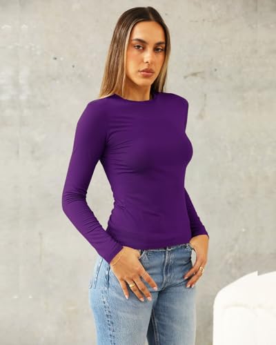 Image of Abardsion Women's Slim Lightweigh Long Sleeve T Shirts | Fall Clothes 2026 Casual Basic Crewneck Going Out Crop Tops Y2K