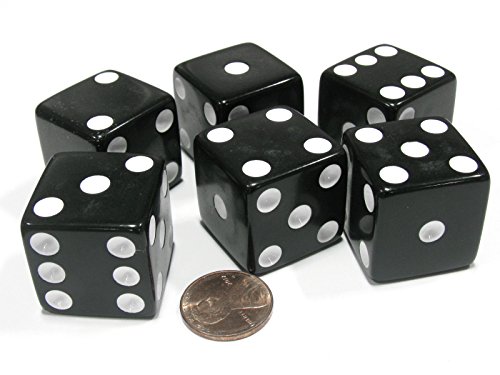 Set of 6 D6 25mm Large Opaque Jumbo Dice - Black with White Pip