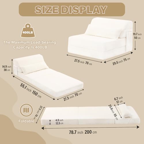 Image of Tiita Convertible Folding Sofa Bed Single Size for Adults with Pillow, Plush Fabric Floor Mattress Couch Bed, Washable Cover & Side Pocket, Guest Room, Dorm, Apartment, Living Room, Beige