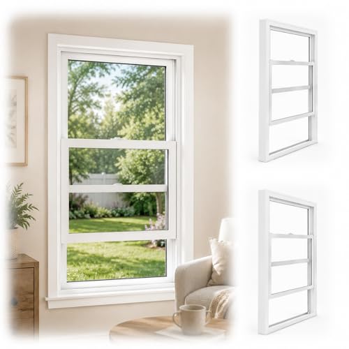 Ventana corrediza vertical de aluminio, repuesto de un solo colgante con vidrio templado para ventilación en cobertizo, garaje, baño, casa móvil, pared exterior, 23 x 16 pulgadas