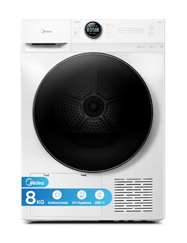 Midea MD20EH80WB-A3 Wärmepumpentrockner, 8 kg, Energieklasse C, UV Hygience, Knitterschutz, Sanfte Pflege, Auto Dry, Wollpflege, Auffrischen, Fernsteuerung, Startzeitvorwahl, Weiß [Energieklasse C]