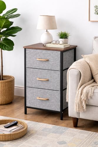 Image of Raawan 3 Layer Drawer Fabric Storage Organizer with Wooden Top and Metal Frame, Modern Dresser Storage Unit for Bedroom, Living Room, Office, Kids Room & Closet, Grey (3 Layer.)