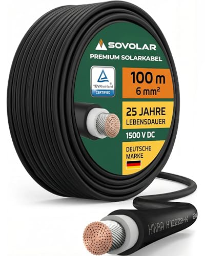 Sovolar Solarkabel 6mm2 100m Rolle Schwarz H1Z2Z2-K PV Kabel TÜV zertifiziert UV-beständig nach EN 50618 für Photovoltaik 0% MwSt gemäß 12 Abs. 3 UStG
