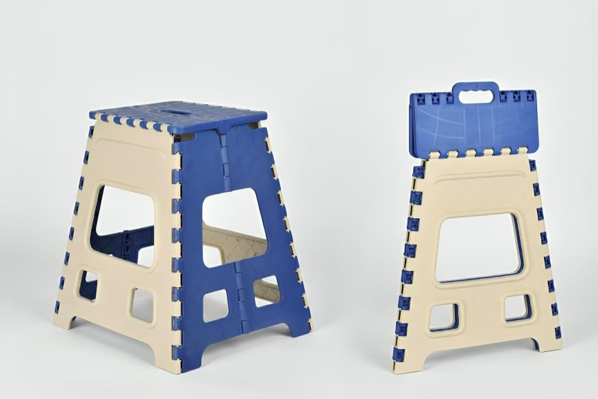 Image of U-MAX 18 Inch Folding Step Stool, Portable, Heavy Duty Plastic with Anti-Slip Surface Space-Saving Foldable Stool for Kids & Adults (Blue-Ivory)
