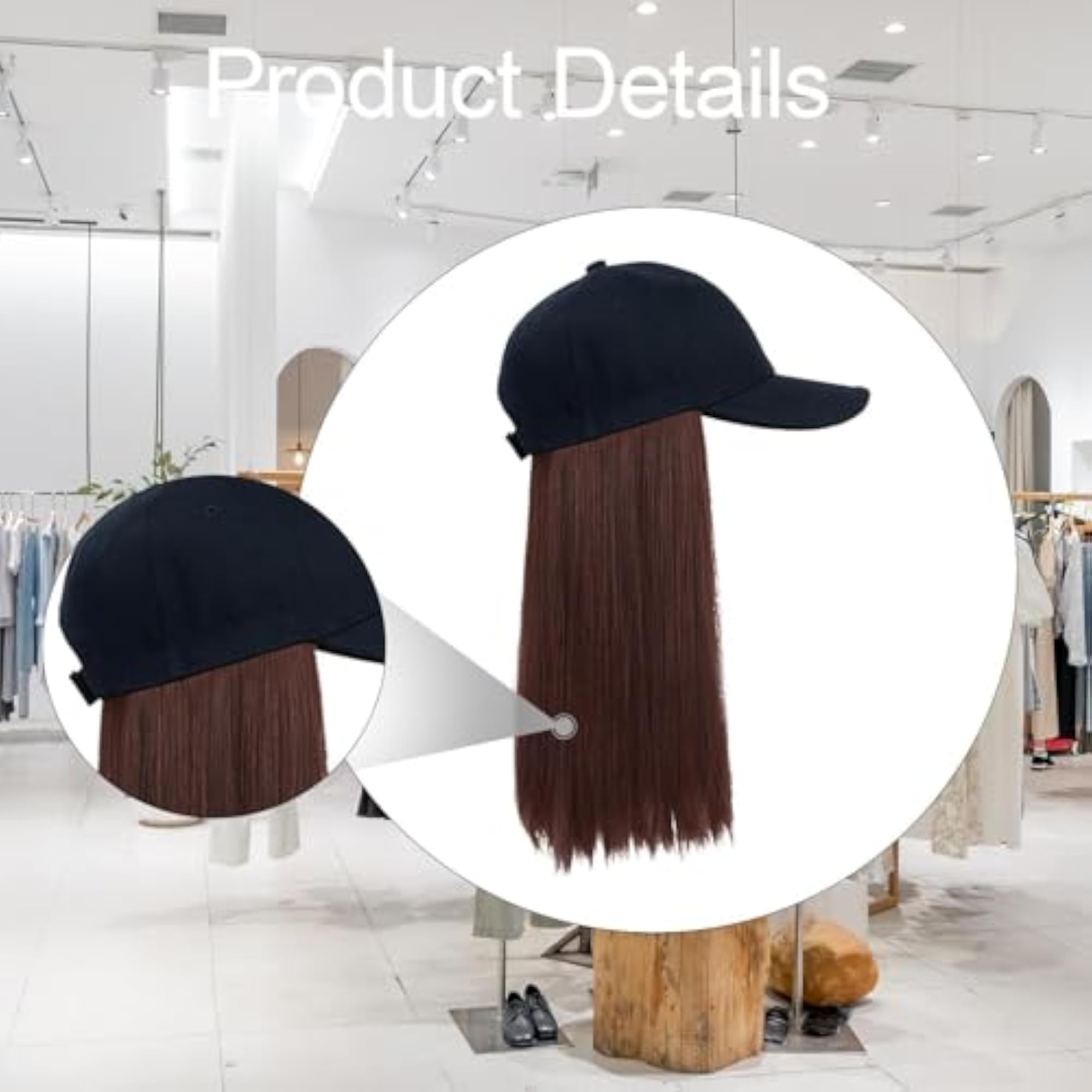 Baseball Cap Wig with Hair Extensions, Decorative Brown Hair