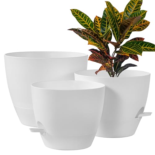 FaithLand 3-Pack Large Planter Pots, 12 10 9 Inch Self Watering Flower Pots for Indoor Outdoor Garden Plants, White