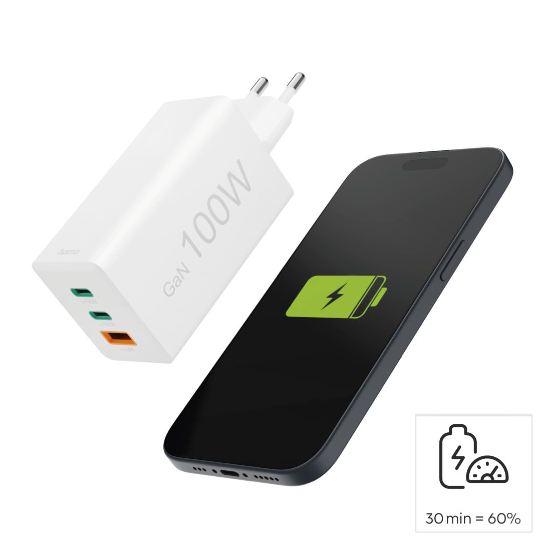 Hama USB Schnellladegerät, 2X USB C + 1x USB A, Mini Ladegerät, 100W | GaN Charger schwarz, Universal Ladegerät, Quick Charge 3.0/Power Delivery, USB Ladestecker mehrfach, Laptop Netzteil