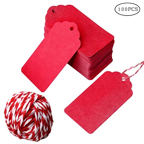 Papier Kraft, Gagawin Étiquettes Kraft Bricolage Étiquettes Mariage et Ficelle de Jute 10m pour Papier de Prix Bagage Cadeaux Anniversaire Remerciment Billets (100 Pcs?Rouge)