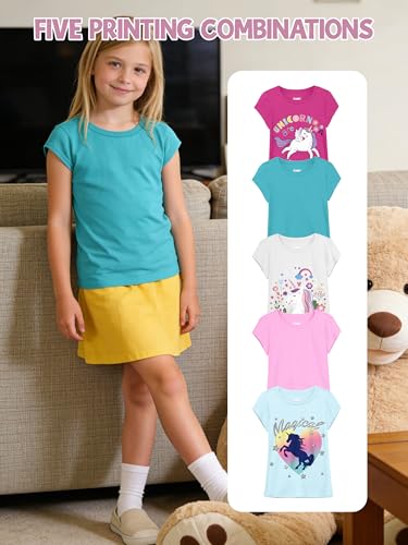 Image of QWE 5 Pack Girls Shirts Cotton Short Sleeve Shirts for Girls Graphic Kids Tops Tees Clothes Summer T-Shirts 5-12Y