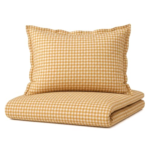 Image of TISU Toddler Crib Duvet Cover Sized 47 x 59 inch Gingham Patterned Soft Muslin Double Gauze Bedding Boy Girl Nursery Kids Sheet Bedsheets (Mustard Gingham /Toddler)