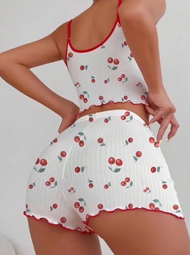 Image of Hilinker Womens Graphic Print Ribbed PJ Set Crop Cami Tops and Shorts Cute Pajamas Set