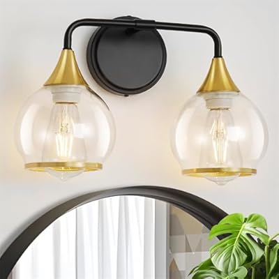 SILAMPDI Black and Gold Bathroom Light Fixtures 2-Lights Vanity Lights with Clear Glass Shade Bathroom Vanity Light 14 Inch Wall Sconces for Mirror Bedroom Hallway (Exclude E26 Bulb)