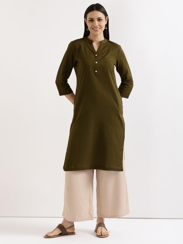 Image of SAADAA Women's Linen Straight Fit Straight Long Kurta Airy Plain Kurta, 3 /4 Sleeve, Knee Length Kurtis with Pockets, Casual and Office Wear